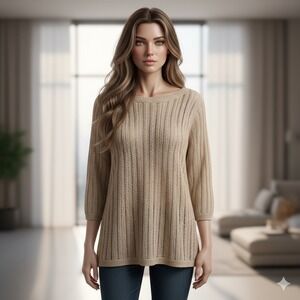 Talbots Metalic Knit Sweater Womens Medium Petites Beige Glitter Linen Blend